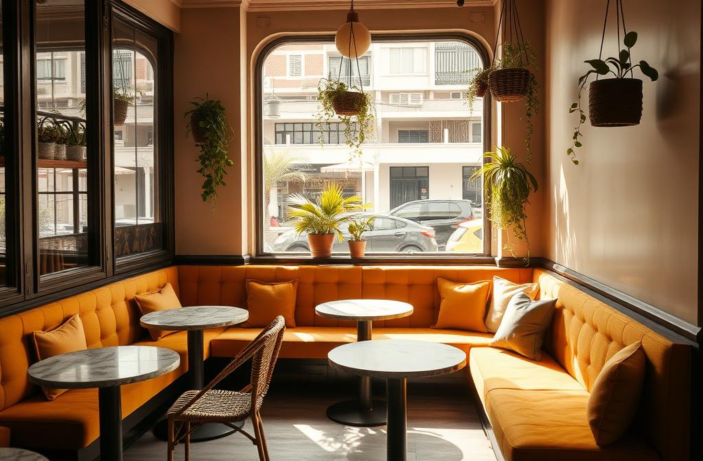 Corner banquette with mustard cushions and marble tables in a shophouse cafe