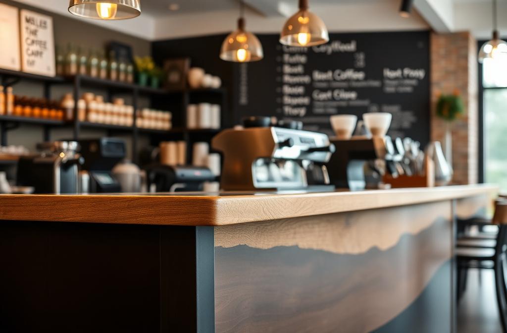 Solid oak espresso bar counter with waterfall edge built by BrewStudio
