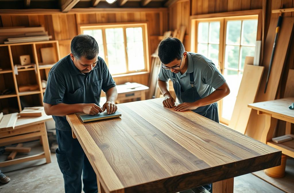 BrewStudio carpenters sanding a solid teak tabletop in the Pudu workshop