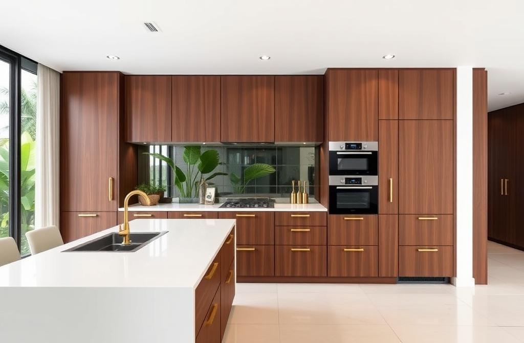Custom matte walnut kitchen cabinetry with quartz island