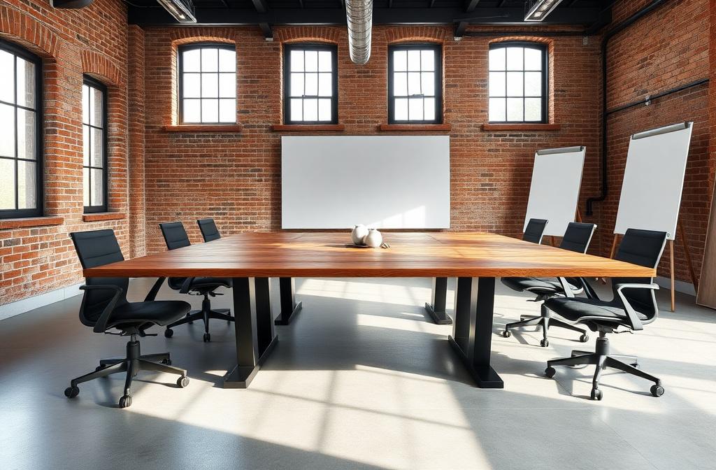 Custom solid wood conference table with steel legs in a loft office