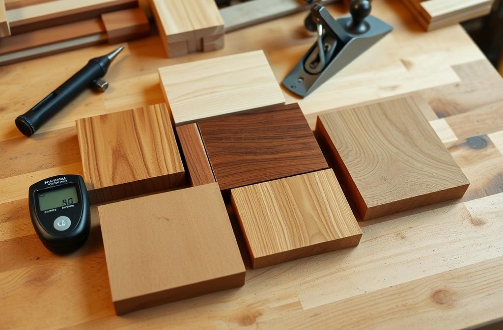 Tropical hardwood timber samples with a moisture meter on a workbench