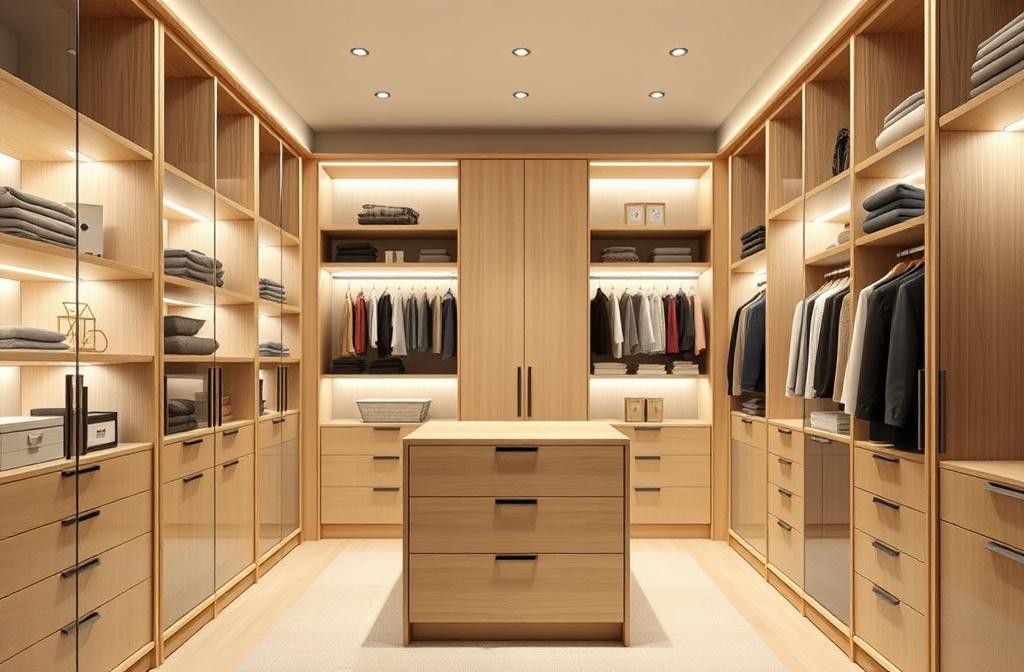 Floor-to-ceiling light oak walk-in wardrobe with LED strip lighting