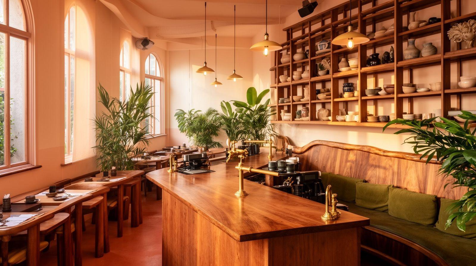 Cafe interior in Kuala Lumpur fitted with a custom oak counter and banquette seating by BrewStudio